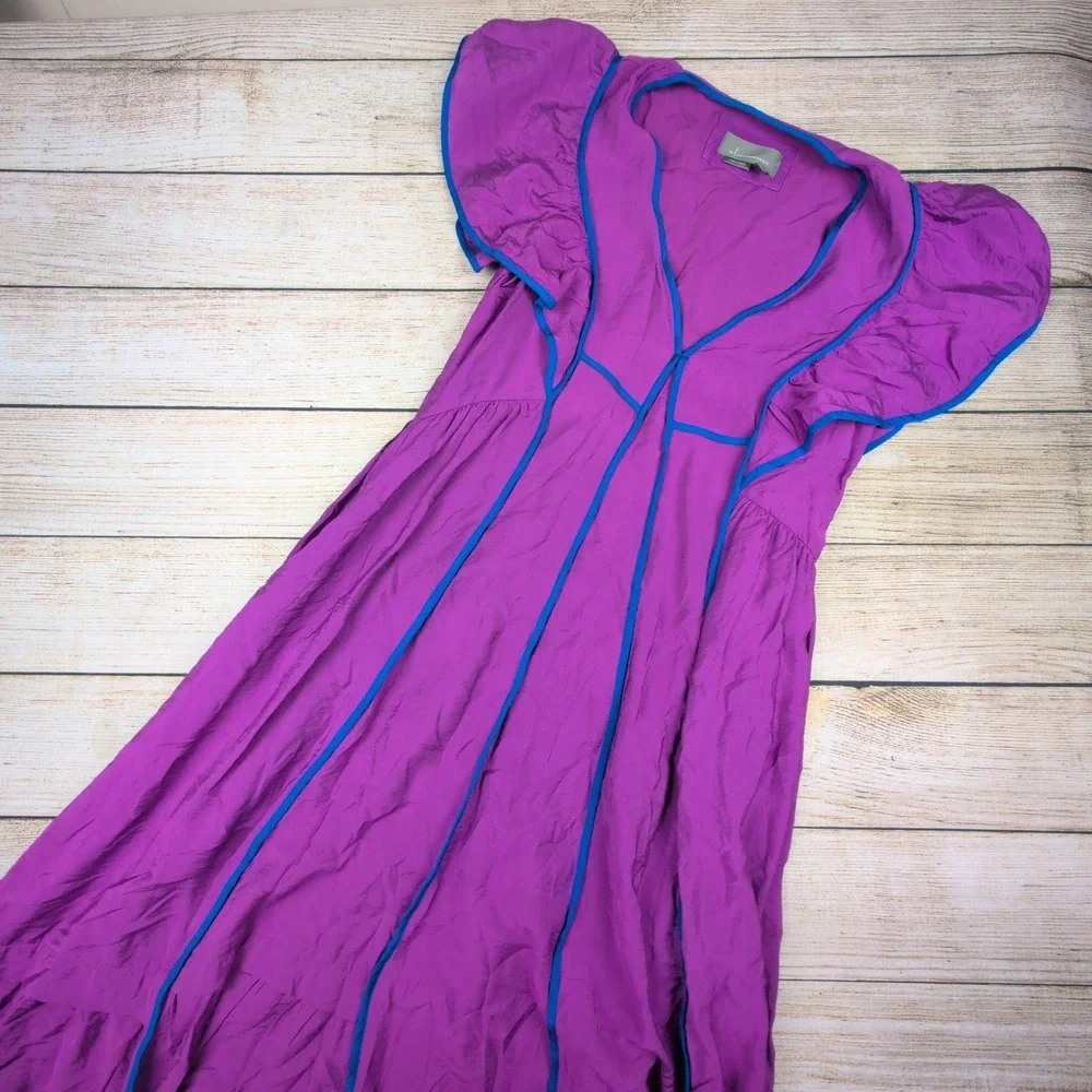 Anthropologie  The Mimi Purple Midi Dress V Neck Ruffle Sleeve ‎ XXS